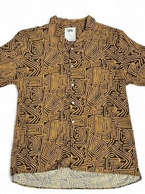 OAS Sweden Tawny Golconda Viscose Resort Shirt XXL Yellow Abstract Labyrinth